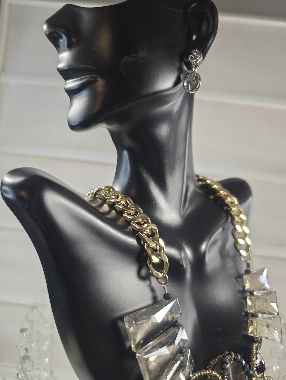 Statement Black and Gold Crystal Bib Necklace - - Picture 3 of 3